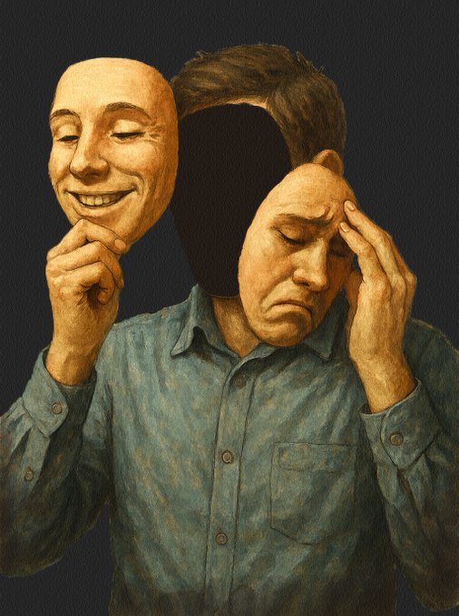 A surreal digital painting of a man in a blue shirt holding up two smiling theatrical masks while his actual face shows a sad, distressed expression.