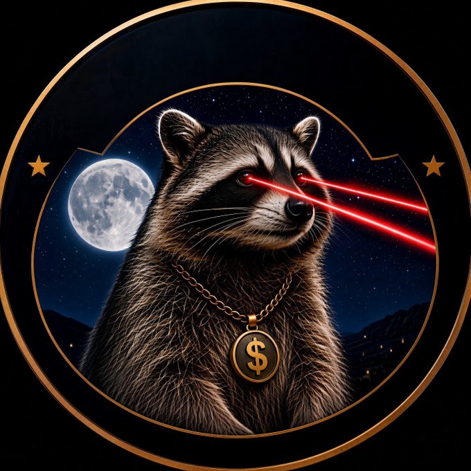 A raccoon with red laser eyes and a gold "$" medallion necklace is depicted under a starry night sky with a full moon, fitting the meme-style crypto promotion for "$Jimothy." The image's laser-eyed animal with a dollar sign aligns with typical "to the moon" cryptocurrency hype imagery used to attract investors to the Telegram group.