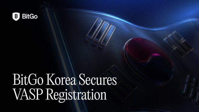 A promotional graphic with the BitGo logo announcing 'BitGo Korea Secures VASP Registration' set against a dark background with electronic components.