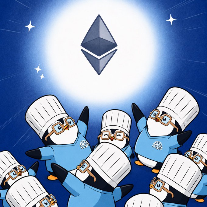 An illustration of several cartoon penguins wearing chef hats and glasses looking up at an Ethereum logo glowing against a starry night sky.