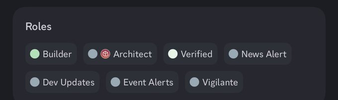 A Discord "Roles" panel displaying seven role categories: Builder, Architect, Verified, News Alert, Dev Updates, Event Alerts, and Vigilante. The Architect role is highlighted with a red target/crosshair icon, corresponding to the post's announcement that the Architect role has been added and activated in the @arc mainnet Discord.