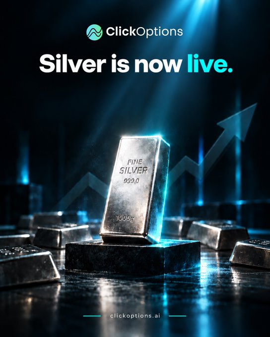 Promotional graphic for ClickOptions featuring a large silver bar labeled 'FINE SILVER 999.0 3000g' against a dark background with blue lighting and an upward arrow, with text reading 'Silver is now live.'