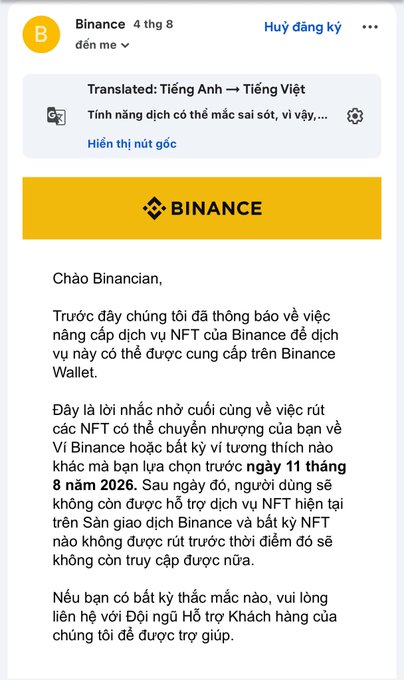 A screenshot of an email in Vietnamese from 'Binance' notifying users about the upcoming removal of their NFT service and the migration deadline of November 8, 2026.