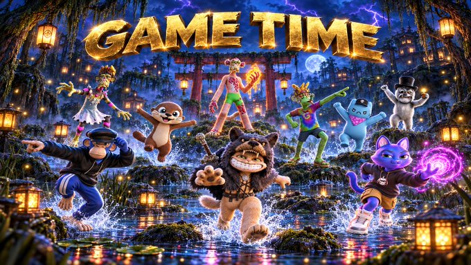 A vibrant promotional graphic displays 'GAME TIME' in large gold letters at the top, featuring various animated characters including animals and people in dynamic poses against a mystical nighttime backdrop with lanterns.