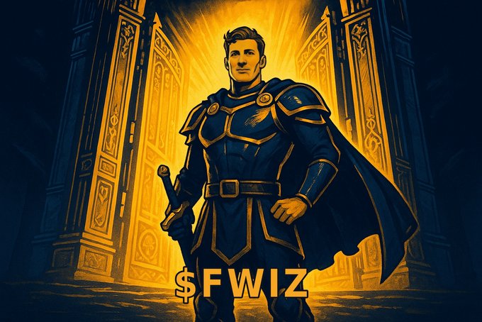 A heroic knight in dark armor with a golden sword stands before radiant open gates, with the ticker "$FWIZ" displayed prominently at the bottom—symbolizing the post's message of crossing a threshold into a new era of promised rewards (vaults, seasons, and airdrops) for holders of the token.