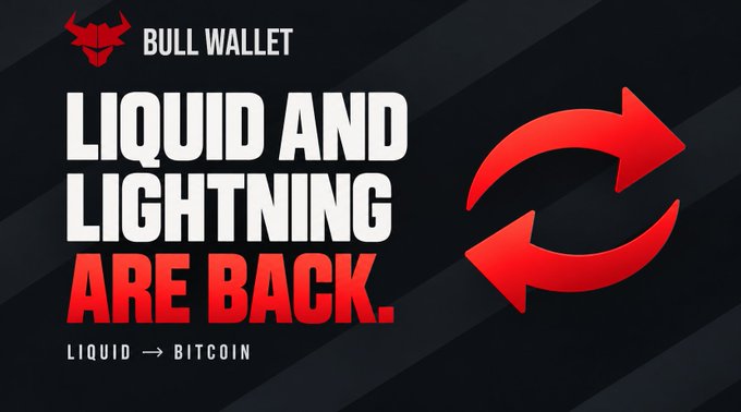 Promotional graphic for BULL Wallet featuring a black-and-red bull logo and the headline “LIQUID AND LIGHTNING ARE BACK.” with “LIQUID → BITCOIN” below and a red exchange-arrow icon, announcing restored Liquid and Lightning services on BULL Wallet and BULL Exchange.