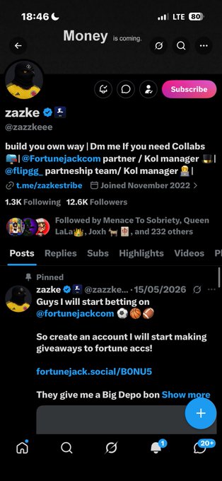 A Twitter/X profile screenshot for user "zazke" (@zazzkeee) showing 1.3K Following, 12.6K Followers, a pinned post about "fortunejack.com" giveaways, and contact details including "Dme me if you need Collabs."