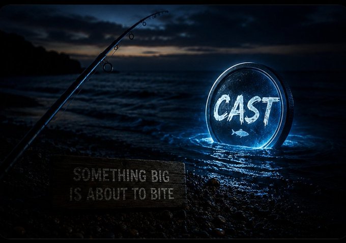 A dark, moody digital artwork shows a fishing rod on a beach at night, with a glowing blue portal reading 'CAST' above the water and a wooden sign stating 'SOMETHING BIG IS ABOUT TO BITE'.