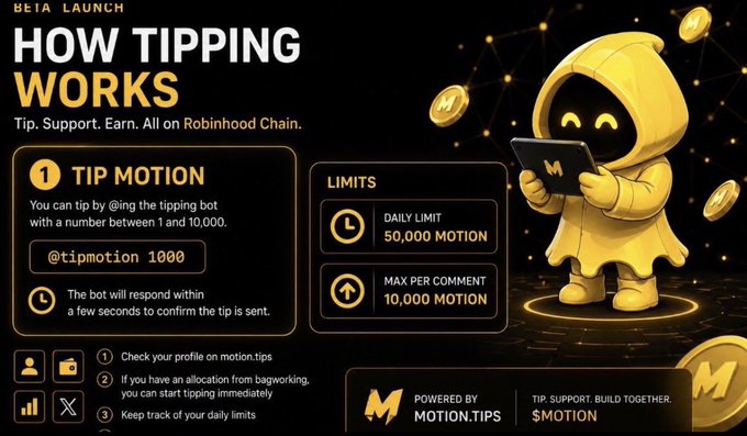 An informational graphic titled 'HOW TIPPING WORKS' for a beta launch on Robinhood Chain, explaining how to tip using @tipmotion with limits of 50,000 daily and 10,000 max per comment, powered by MOTION.TIPS.
