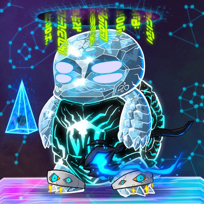 A stylized, crystalline ice-like creature with glowing blue accents and a halo of symbols floats in a digital, neon-lit environment.