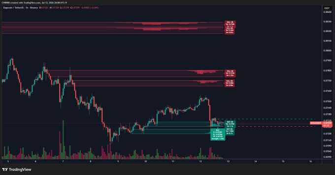 A TradingView candlestick chart of DOGE/USDT on Binance shows the price consolidating in a buy support zone near $0.072 after a recent decline, with sell-side liquidity zones marked as red walls above around $0.077–0.085, visually confirming the post's description of active support and resistance levels.