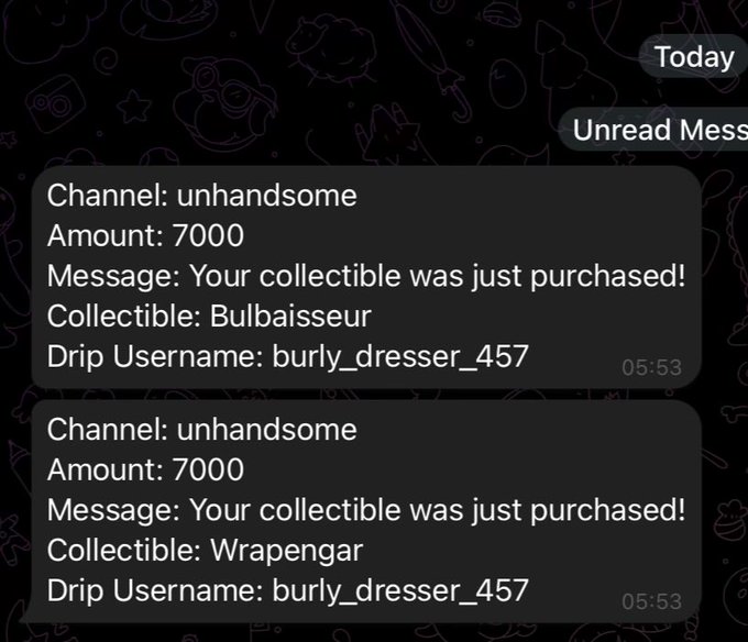 A screenshot of a messaging app showing two notifications from channel "unhandsome" that read "Your collectible was just purchased!" for items "Bulbaisseur" and "Wrapengar" at 7000 each, purchased by user "burly_dresser_457".