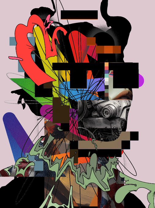 An abstract mixed-media collage featuring a robotic/mechanical head, graffiti-style lettering, vibrant color splashes, and pixelated black blocks against a pale pink background.