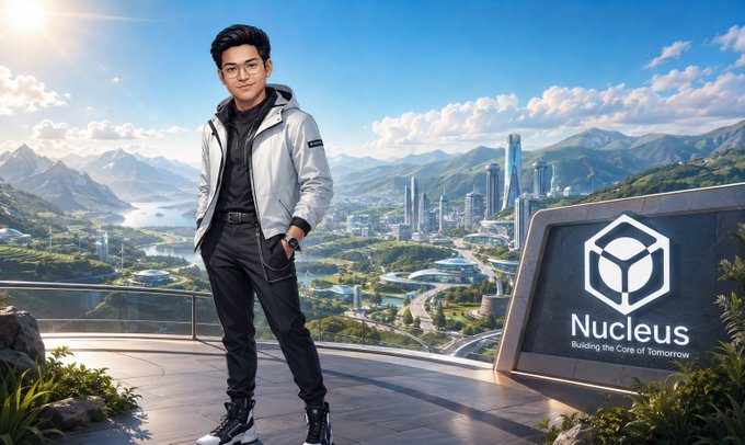 A digital illustration of a young man with glasses, wearing a white jacket and black outfit, standing on a balcony overlooking a futuristic city with mountains in the background. A sign reads 'Nucleus - Building the Core of Tomorrow'.