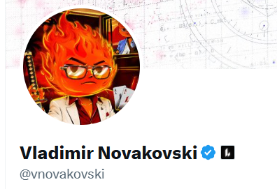 Social media profile card showing a flame-headed character with glasses in a library setting, with the name 'Vladimir Novakovski', handle '@vnovakovski', and a Lightning Network verification badge.