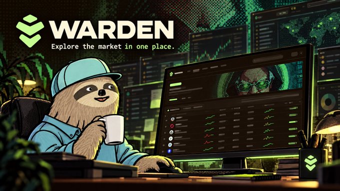 A promotional graphic for "WARDEN" featuring a cartoon sloth in a blue cap holding a coffee mug in front of multiple computer monitors displaying trading charts, with the tagline "Explore the market in one place."
