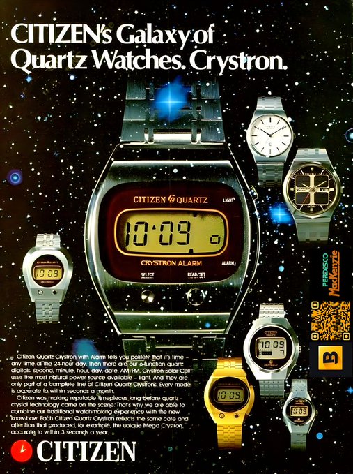 A vintage Citizen watch advertisement titled 'CITIZENs Galaxy of Quartz Watches. Crystron.' showcasing several digital and analog quartz watches against a starry space background.