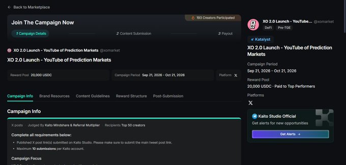 A screenshot of a Kaito Studio campaign page titled 'XO 2.0 Launch - YouTube of Prediction Markets' by @xomarket, detailing a $20,000 USDC reward pool for 193 creators.