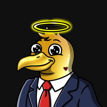 A cartoon illustration of a yellow bird character dressed in a black suit with a red tie, featuring a glowing halo above its head and large expressive eyes.