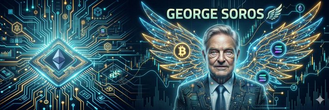 The image features a man wearing a suit standing against a blue background, which has a geometric design of lines and shapes. The text "GEORGE SOROS" is written above him, and there are several other elements within the image that contribute to its overall visual appeal.