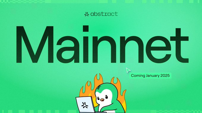 A promotional graphic with a green background featuring the abstract logo and the text 'Mainnet Coming January 2025,' accompanied by a penguin mascot in flames.