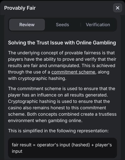 A 'Provably Fair' educational popup explaining how commitment schemes and cryptographic hashing solve the trust issue in online gambling.