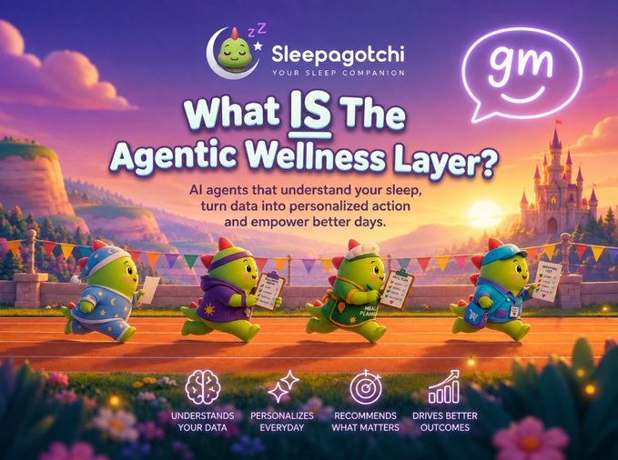 A promotional graphic for 'Sleepagotchi' featuring the GM logo, asking 'What IS The Agentic Wellness Layer?' with cartoon characters running on a track against a sunset backdrop.