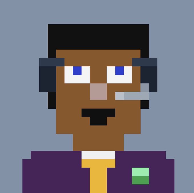 A pixel art portrait depicts a brown-skinned character with blue eyes wearing a purple suit, yellow tie, and headset, visually evoking the iconic Bored Ape Yacht Club (BAYC) NFT style. The image illustrates the post's point about $STONKBROKER following BAYC's launch success, representing the "new meta" of interchangeable tokens and real-world financial assets (RWAs).