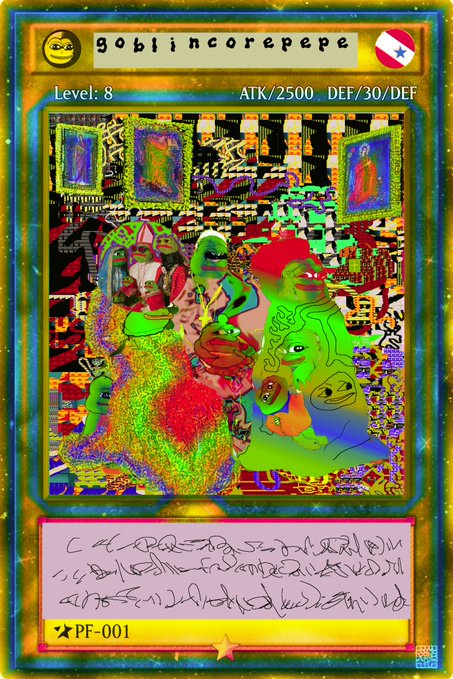 A distorted, psychedelic trading card titled 'goblincorepepe' with garbled stats and chaotic colorful artwork featuring various Pepe characters.