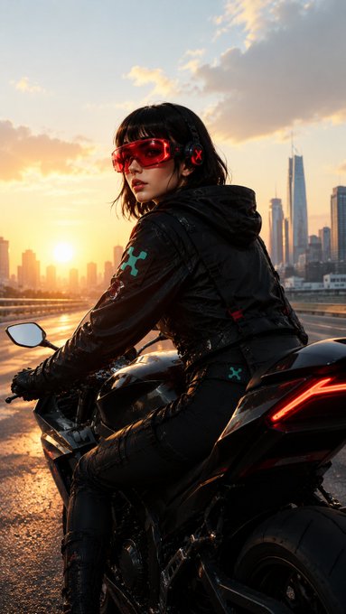 A woman with dark hair wearing red goggles and a black hooded jacket sits on a black motorcycle against a city skyline at sunset, with cyan cross logos visible on her sleeve and pants.