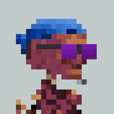 A pixel art character with blue hair, a red face, and purple sunglasses, rendered in a retro video game style.