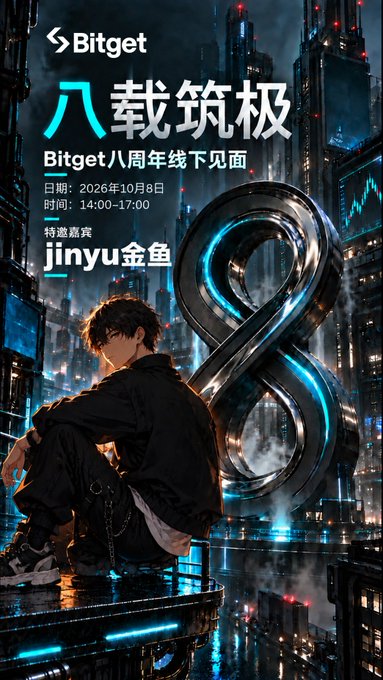A promotional poster for Bitget's 8th anniversary offline event on October 8, 2026, featuring an anime-style character in a futuristic cityscape with the text 'jinyu金鱼' as a special guest.