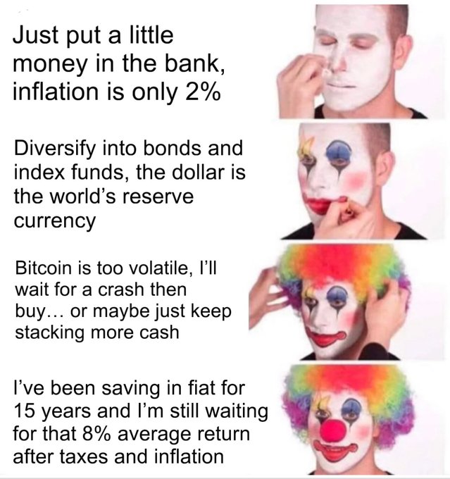 A four-panel meme showing a man progressively applying clown makeup with text about financial advice, starting with 'inflation is only 2%' and ending with waiting 15 years for an 8% return on fiat savings.