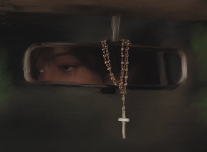 A woman's intense gaze is visible through a car's rearview mirror, with a rosary bearing a cross hanging from it. The artwork "Keep Driving" by Luna Mabel reflects a contemplative, mysterious journey, fitting its posting on the NFT platform objkt.com.