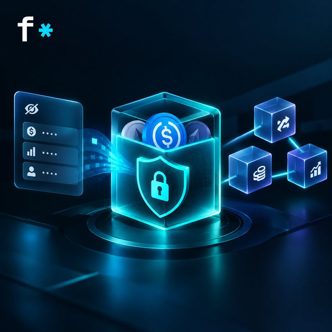A dark blue fintech-style illustration with a glowing vault, shield lock, coins, and connected finance cubes; the top-left corner shows an “f*” logo.