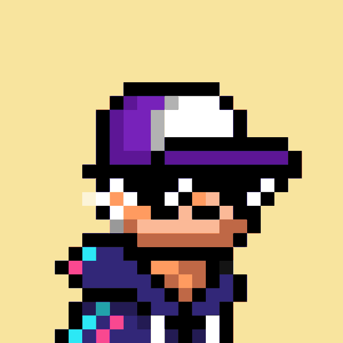 A pixel-art rendering of Waluigi from the Mario franchise, featuring his signature purple and black hat, dark purple outfit, and exaggerated nose, set against a pale yellow background.