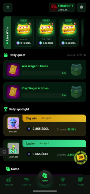 The image shows the Pitfall NFT raffle app interface with 225/3.3K progress, displaying recent live wins (0.16 SOL, 0.46 SOL, 0.49 SOL), daily quests to win wager 5 times and play wager 6 times, and a daily spotlight featuring "Big win" Jackpot at 0.855 SOL and "Lucky" Jackpot at 0.665 SOL. The interface ties directly to the post's announcement of Raffle Summer, showcasing the platform where Solana Mobile users can complete daily quests and flip reward cards to stack up the 100,000 SKR prize pool.