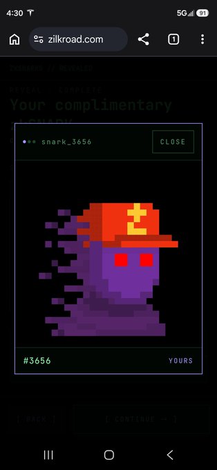 A mobile screenshot from zilkroad.com showing a complimentary NFT-style pixel art character (#3656 by snark_3656) depicting a purple shadowy figure wearing a red and yellow cap.