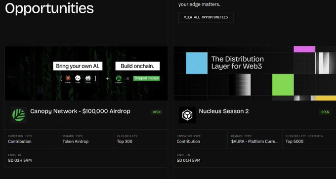 A dark-themed cryptocurrency platform interface displays an 'Opportunities' section featuring two airdrops: 'Canopy Network - $100,000 Airdrop' with 8D 03H 59M remaining, and 'Nucleus Season 2' with 5D 01H 59M remaining.
