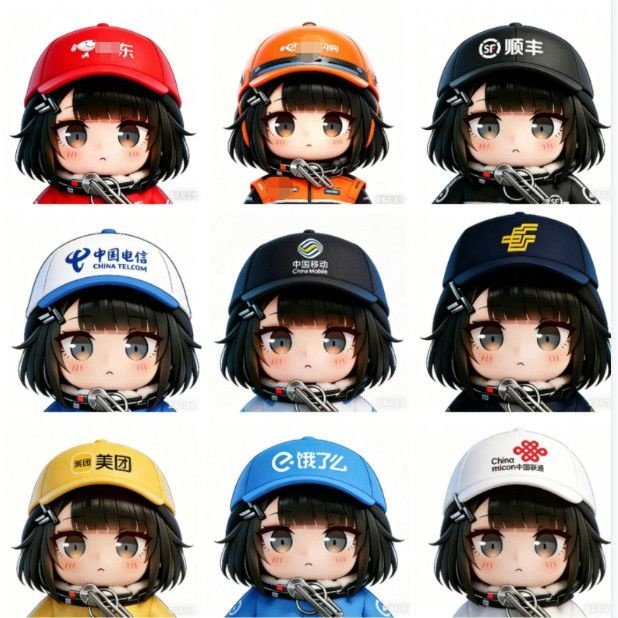 The image features a collection of nine cartoon girls wearing baseball caps with various logos, including "gugugaga" and "part-time". The girl's faces are shown in different poses, showcasing their unique styles and personalities. The caption provided after the image highlights that these caps are part of a series or collection, possibly related to a specific brand or event.