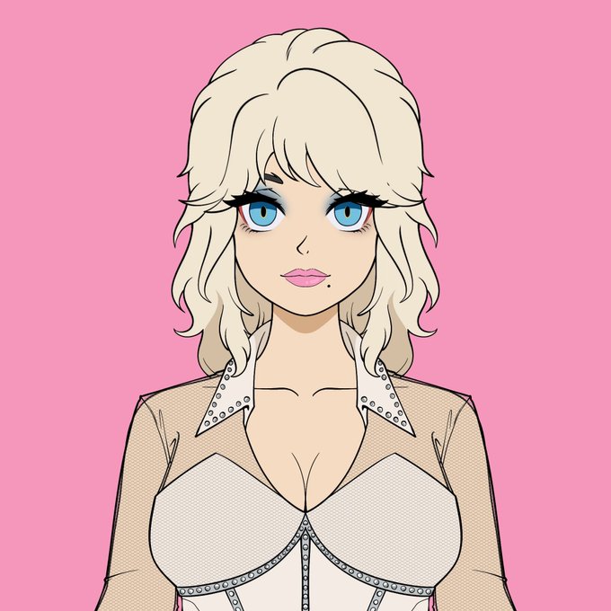 A digital illustration of an anime-style woman with blonde hair and striking blue eyes, wearing a studded white top against a pink background.