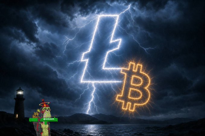 A dramatic stormy sky with lightning forming the shape of a Litecoin (L) logo, positioned next to a glowing orange Bitcoin (B) logo. In the lower-left foreground is a cartoon character with a red hat and green badge reading 'GreekBull' near a lighthouse.