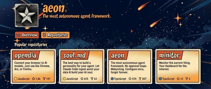 The image showcases the GitHub page for "aeon," an autonomous agent framework, highlighting its popular repositories: "opendia," "soul.md," "aeon," and "minitor." This visually supports the post announcing aeon's launch on GitHub and its acquisition of the IP for these projects.