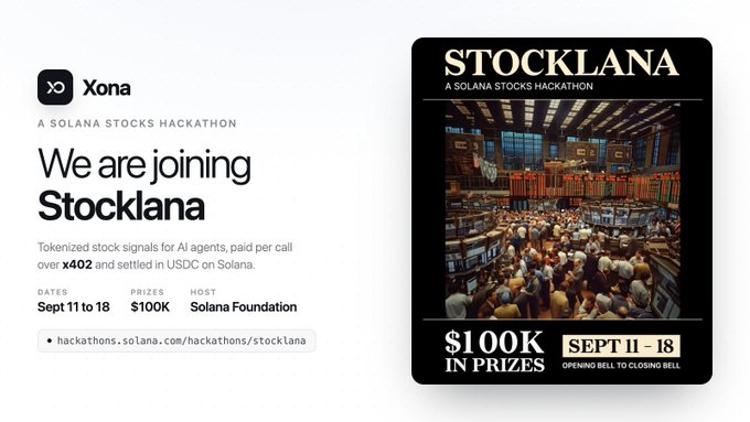 Promotional graphic announcing Xona's participation in the "Stocklana" Solana Stocks Hackathon, featuring details of $100K in prizes running September 11-18, hosted by the Solana Foundation at hackathons.solana.com/hackathons/stocklana. The image showcases a trading floor visual alongside text highlighting "Tokenized stock signals for AI agents, paid per call over x402 and settled in USDC on Solana," aligning with the post's emphasis on $XONA's role in AI-driven tokenized stock trading.