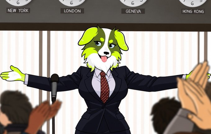 An illustration of a green and white dog wearing a black business suit and red tie, standing at a microphone with arms outstretched before a backdrop of world clocks labeled 'NEW YORK', 'LONDON', 'GENEVA', and 'HONG KONG'.