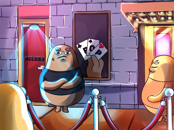 A cartoon illustration of anthropomorphic potato characters at a VIP club entrance, with one guarding the door near an "ACCESS" sign, while another holds playing cards (clubs, spades, hearts).