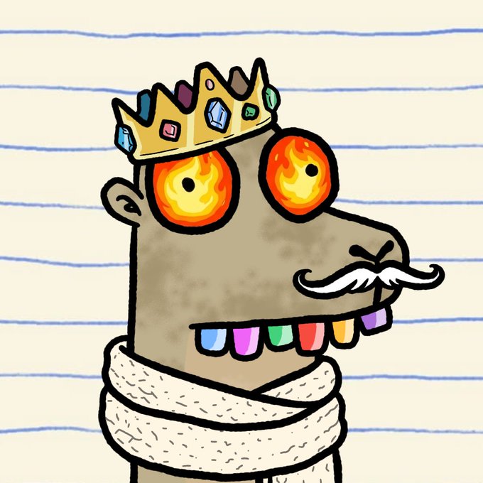 A whimsical crowned cartoon character with fiery eyes, a curly mustache, and rainbow teeth, drawn on a notebook-style lined background, likely representing the NFT project "Hypz" being promoted in the post ahead of the mint day.