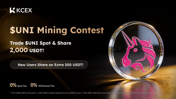A KCEX promotional banner for a '$UNI Mining Contest' featuring a pink unicorn coin, offering a 2,000 USDT prize pool with 0% spot and withdrawal fees.