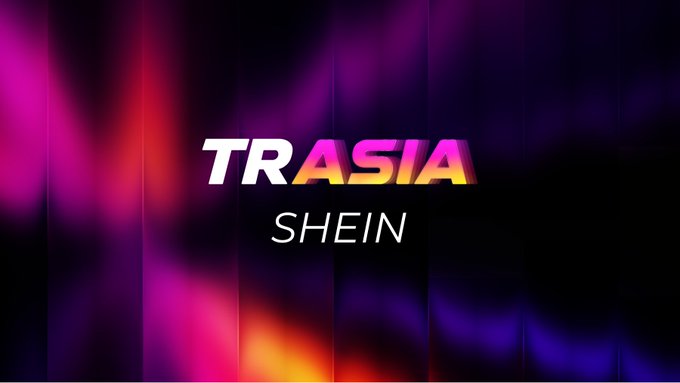 A graphic displaying 'TRASIA' and 'SHEIN' in white text against a dark background with colorful purple and pink lighting effects.