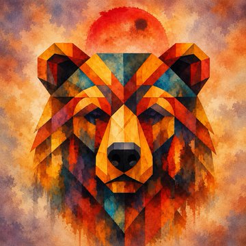 A geometric, low-poly style painting of a lion's head in warm orange, red, and yellow tones against a cloudy sky background.